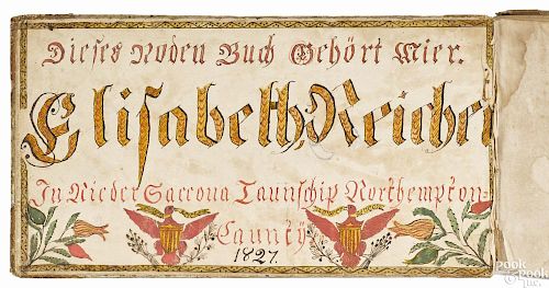 Northampton County, Pennsylvania ink and watercolor fraktur bookplate, dated 1827