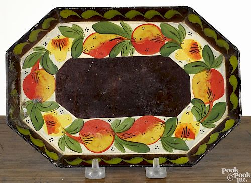 Small Pennsylvania octagonal toleware tray, 19th c., with a vibrant orange and foliate decoration