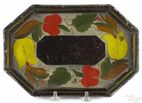 Small Pennsylvania toleware octagonal tray, 19th c., with tulip and floral decoration