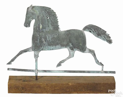 Swell-bodied copper Black Hawk horse weathervane, late 19th c., retaining an old verdigris surface