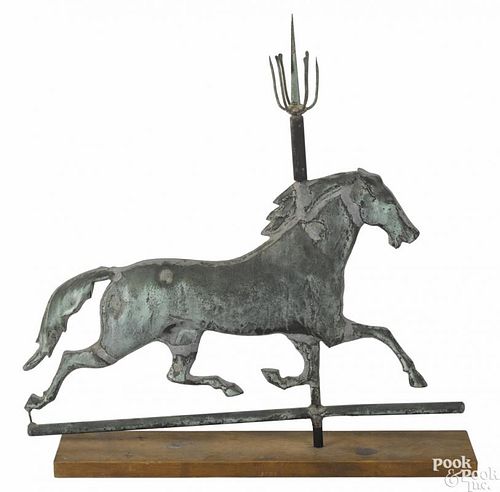 Full-bodied copper running horse weathervane, 19th c., with a lightening rod