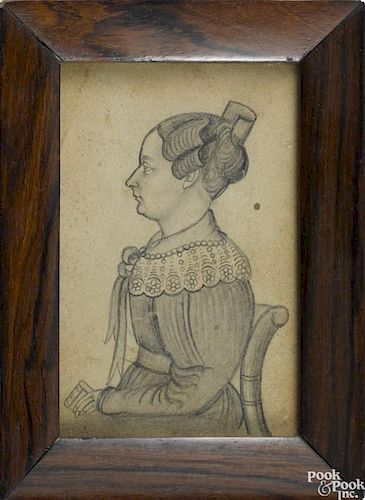 J. M. Crowley (American 19th c.), pencil profile portrait of a seated woman, identified verso