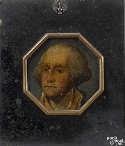 Oil on board miniature octagonal portrait of George Washington, ca. 1800, 4'' x 4''.