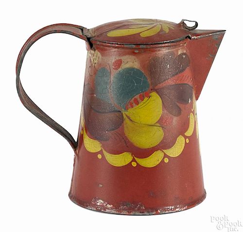 Red toleware syrup, 19th c., retaining its original polychrome decoration, 4'' h.