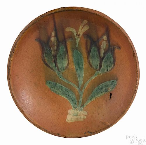 Pennsylvania redware pie plate, 19th c., attributed to Diehl pottery