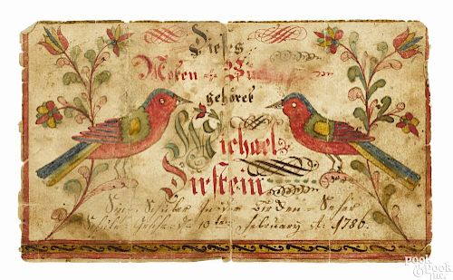 Johann Adam Eyer (Bucks County, Pennsylvania 1755-1837), ink and watercolor fraktur bookplate