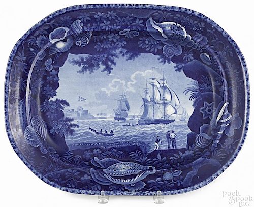 Historical blue Staffordshire platter, 19th c., depicting Christiansburg Danish Settlement