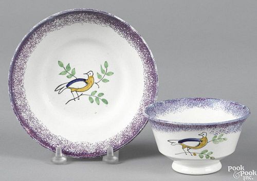 Purple spatter dove cup and saucer, 19th c. Provenance: Conestoga Auction, Youtz Sale, April 2000.