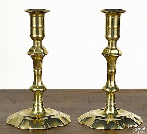 Pair of English Queen Anne brass candlesticks, ca. 1760, 7'' h.