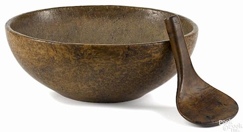 New England burl bowl and scoop, 19th c., bowl - 5 1/4'' h., 14'' dia., scoop - 8 1/4'' l.