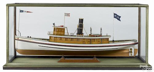 Carved and painted model of the steam yacht Philadelphia with a plaque
