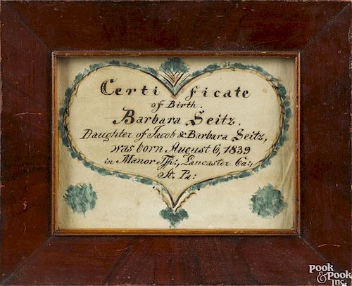 Lancaster County, Pennsylvania ink and watercolor fraktur birth certificate for Barbara Seitz