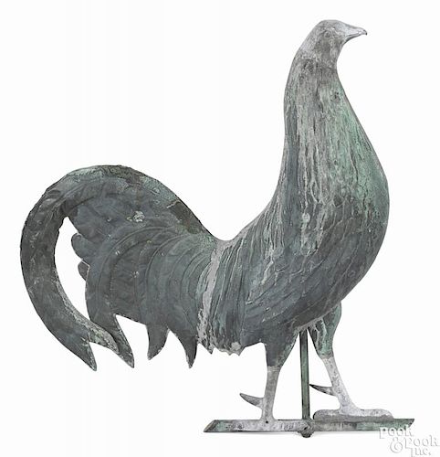 Full-bodied copper rooster weathervane, 19th c., with a cast head and legs