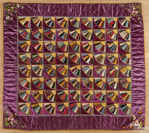 Pennsylvania crazy fan quilt, ca. 1880, silk and various other fabrics