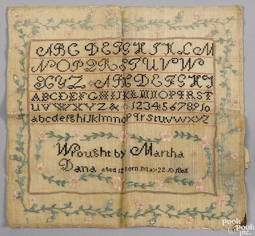 Essex, Massachusetts silk on linen sampler, wrought by Martha Dana b. May 22nd 1805