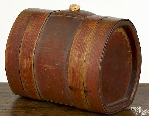 Painted pine and oak keg, 19th c., retaining an old red surface, either end stamped JS, 8'' h.