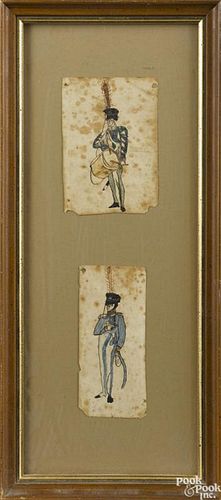 Two ink and watercolor bookplates, early 19th c., of soldiers, one is holding a drum