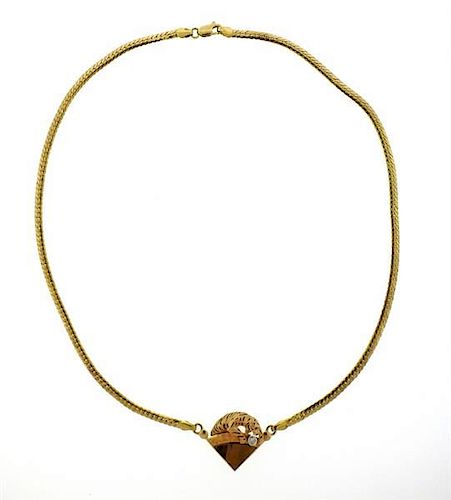 18k Gold Diamond  Tiger&#39;s Eye Tiger Pendant Necklace