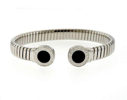 Bvlgari Bulgari Tubogas  Steel Onyx Flexible Cuff Bracelet