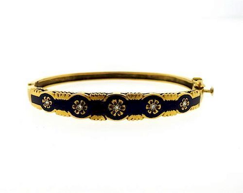 Antique 14K Gold Diamond Enamel Bangle Bracelet