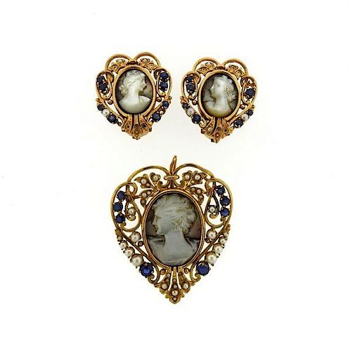 14K Gold Mother of Pearl Cameo Sapphire Brooch Earrings Set