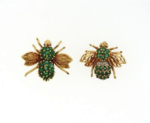 14K Gold Emerald Diamond Insect Brooch Lot of 2