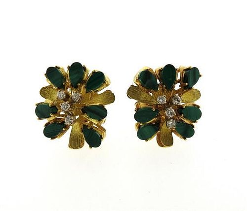 1970s 18k Gold Malachite Diamond Earrings