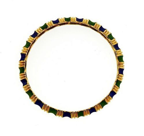 18k Gold Blue Green Enamel Bangle Bracelet