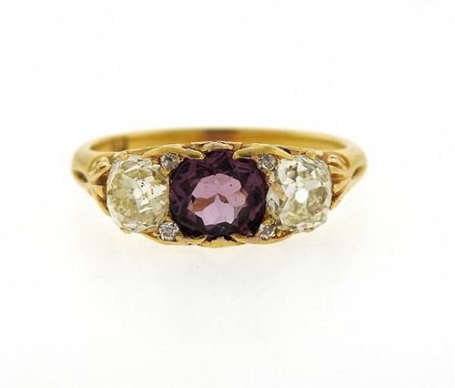 Antique 18k Gold Diamond Pink Stone Ring