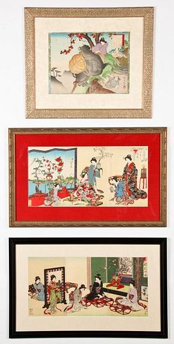 3 Framed Japanese Woodblock Prints by Chikanobu