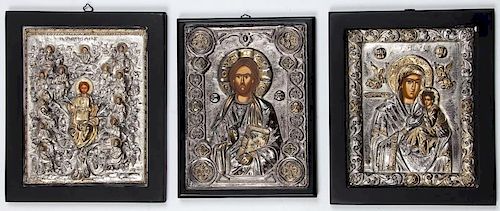 3 Greek Byzantine Pure Silver Repousse Icons