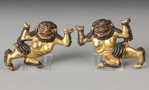 Pair of Chinese Gilt Bronze Dancing Foo Dogs