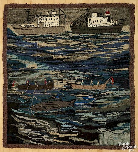 American hooked rug with a whaling scene, early/mid 20th c., 59'' x 57''.