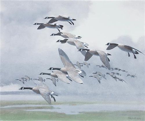 * Peter Markham Scott, (British, 1909-1989), Canada Geese Out of a Rain Squall, 1978