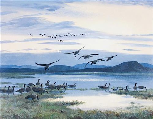 * Peter Markham Scott, (British, 1909-1989), Honkers Flighting Down River at Dusk, 1978