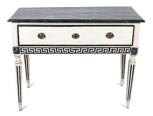 A Neoclassical Painted Console Table Height 32 1/2 x width 42 1/2 x depth 21 inches.