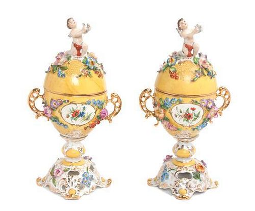 * A Pair of Royal Vienna Covered Urns Height 9 1/4 inches.