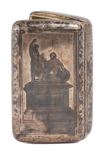 A Russian Silver Cigarette Box, likely Vasily Aleksandrovich Petrov, Moscow, 1885, engraved with scene of monument.