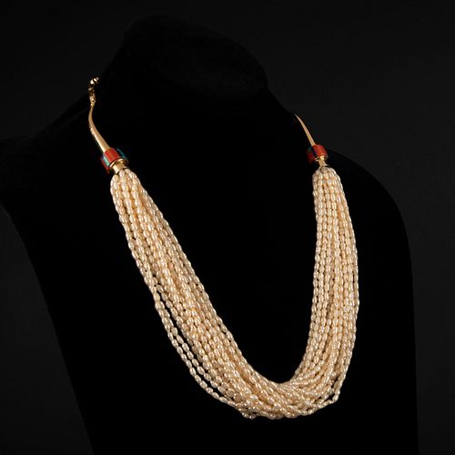Charles Loloma + Verma Nequatewa, Twenty-Strand Pearl With 14K Gold and Inlay Details Necklace