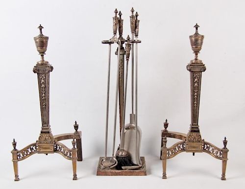 PAIR OF FRENCH REGENCY STYLE ANDIRONS AND FIRE TOOLS