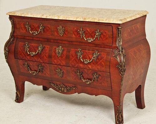 LOUIS XV STYLE PARQUETRY INLAID MARBLE TOP BOMBE COMMODE