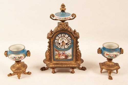 3 PIECE FRENCH SEVRES AND GILT BRONZE CLOCK SET