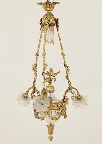 19TH C. FRENCH GILT BRONZE AND CRYSTAL 3 ARM CHANDELIER
