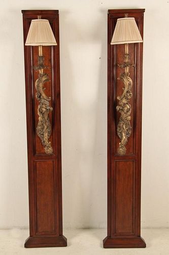 PAIR OF FRENCH LOUIS XV STYLE BRONZE SCONCES ON MAHOGANY PANELS