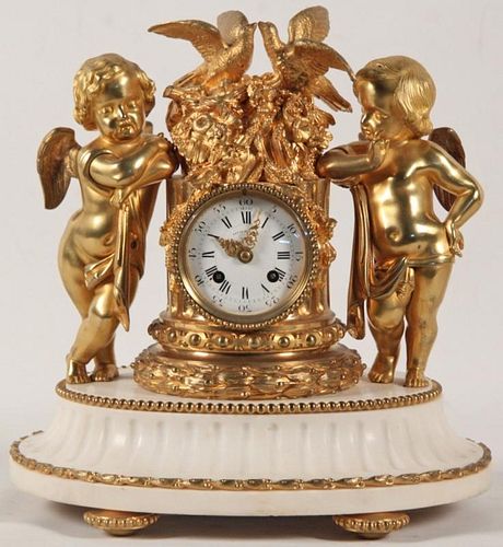 19TH C. FRENCH TWO TONE DORE BRONZE AND MARBLE CLOCK
