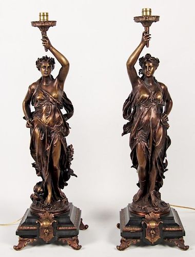 PAIR OF FINELY CAST BRONZE FIGURAL TORCHIERE GAS/OIL LAMPS