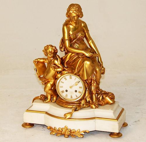 FRENCH DORE BRONZE AND MARBLE FIGURAL CLOCK