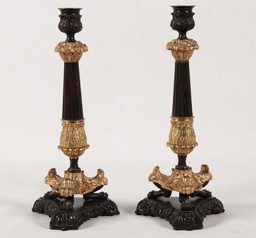 PAIR OF CHARLES X DORE BRONZE ACCENTED CANDLESTICK ON TAPERD BASE WITH CLAW FEET C. 1850;  13.5"H;  CONDITION: MISSING 1 BOBECHES