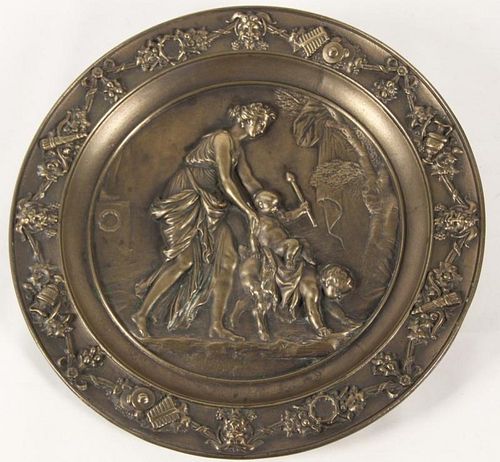16" FRENCH BRONZE CHARGER WITH CENTER RESERVE OF MOTHER WITH CHILD