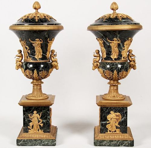 PAIR OF MONUMENTAL FRENCH VERDE MARBLE AND GILT BRONZE URNS